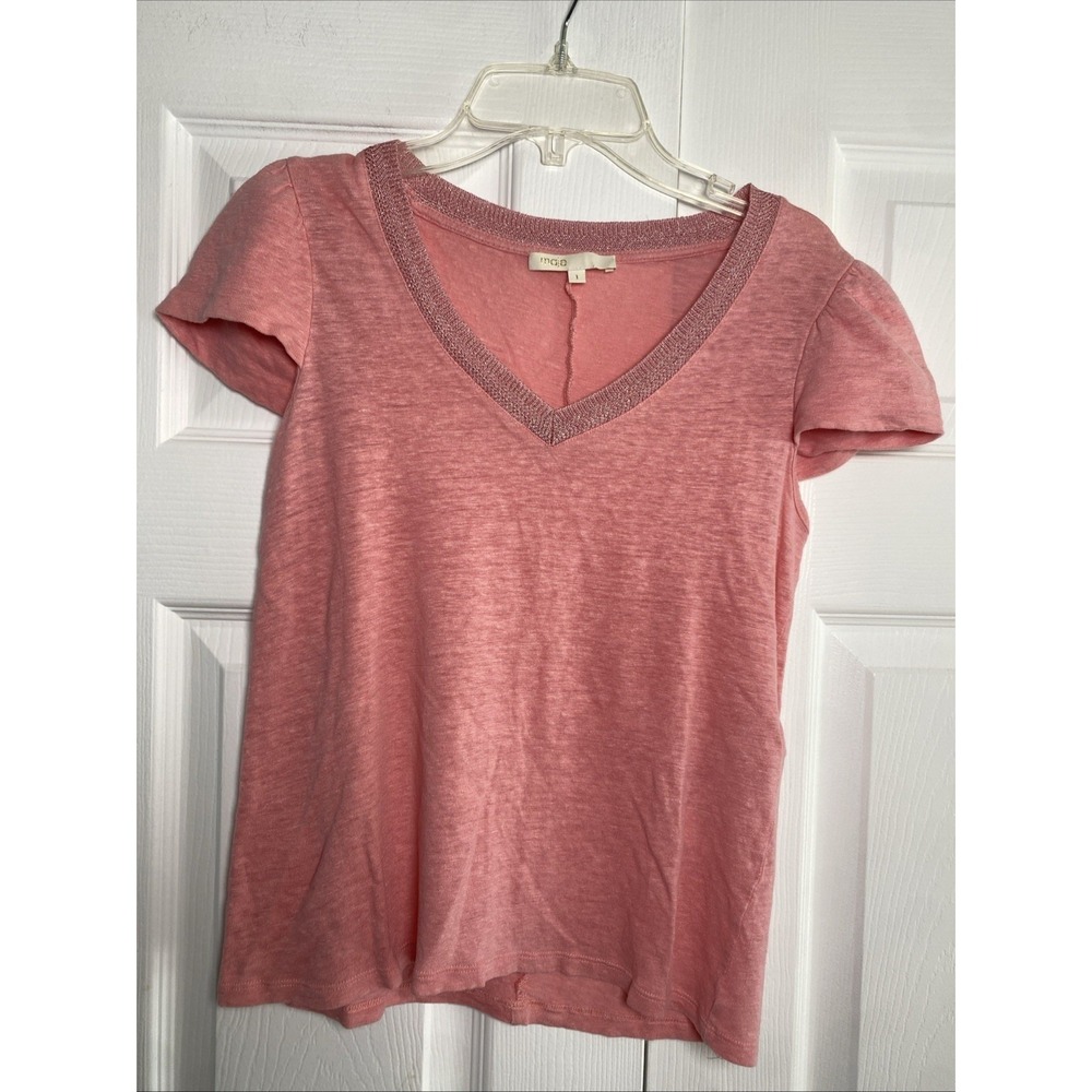 Maje Trocadero Rose T-Shirt Womens Size 1 S Pink Linen Metallic Trim Puff Sleeve